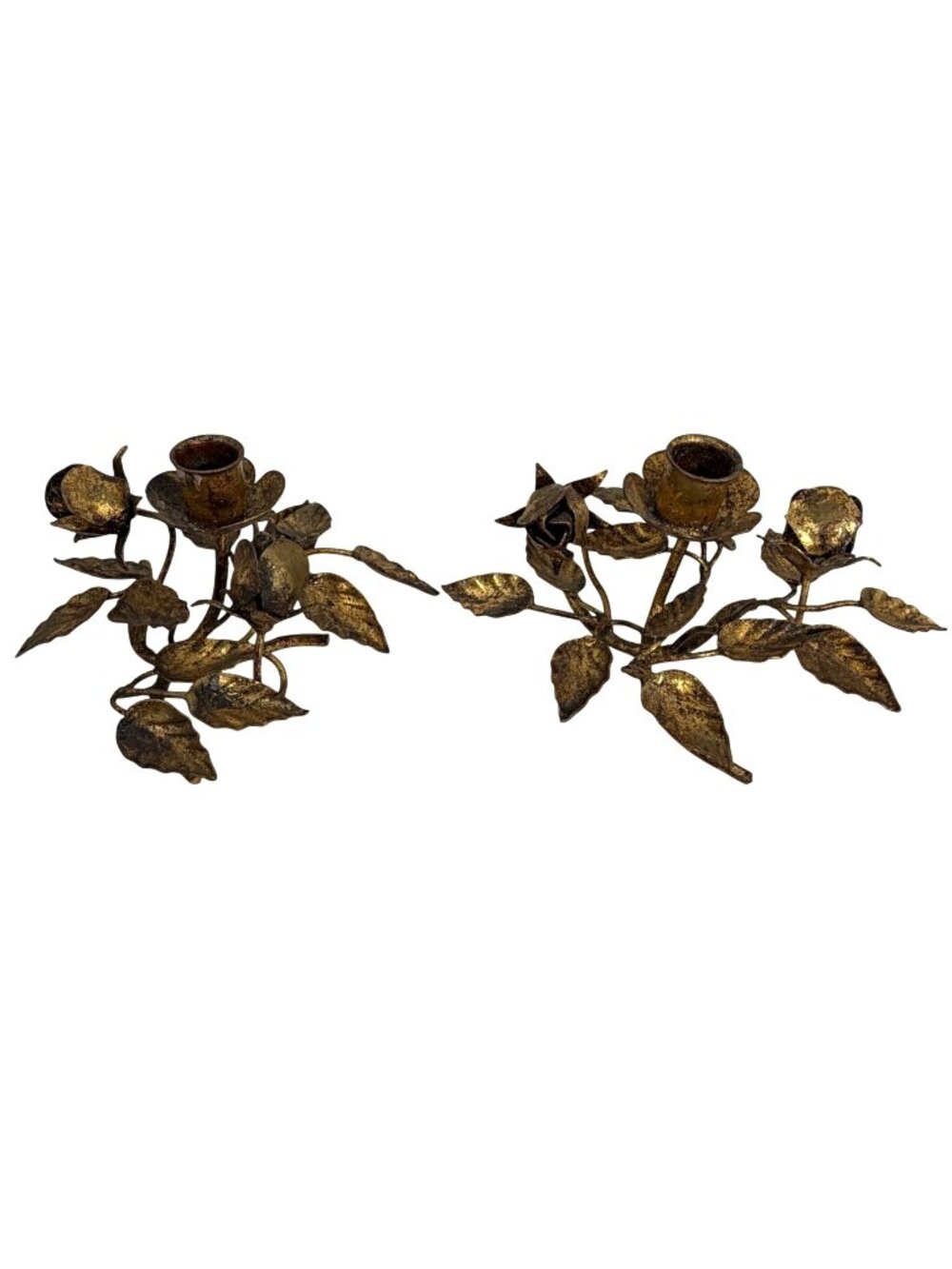 Pair Vintage Italian Gilt Metal Tole Rose Candlestick Holders Hollywood Regency